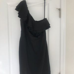 One shoulder, black satin Tahari dress